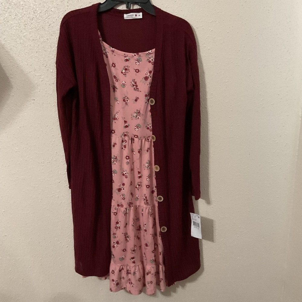 Beautees Pink and Burgundy Big Girls Printed Knit Dress and Cardigan Size 16 NWT